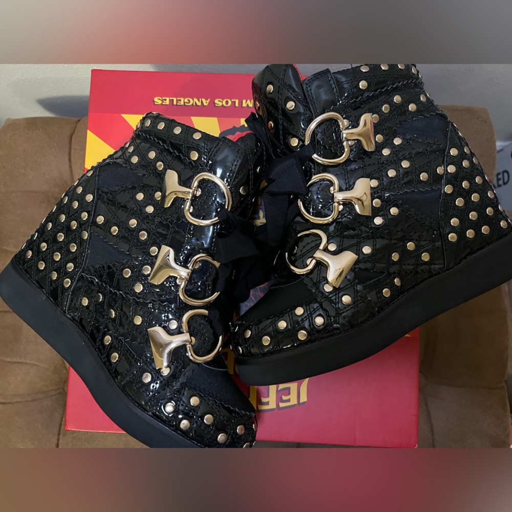 Jeffrey Campbell Gold and Black Combat Boots with Metallic Accents